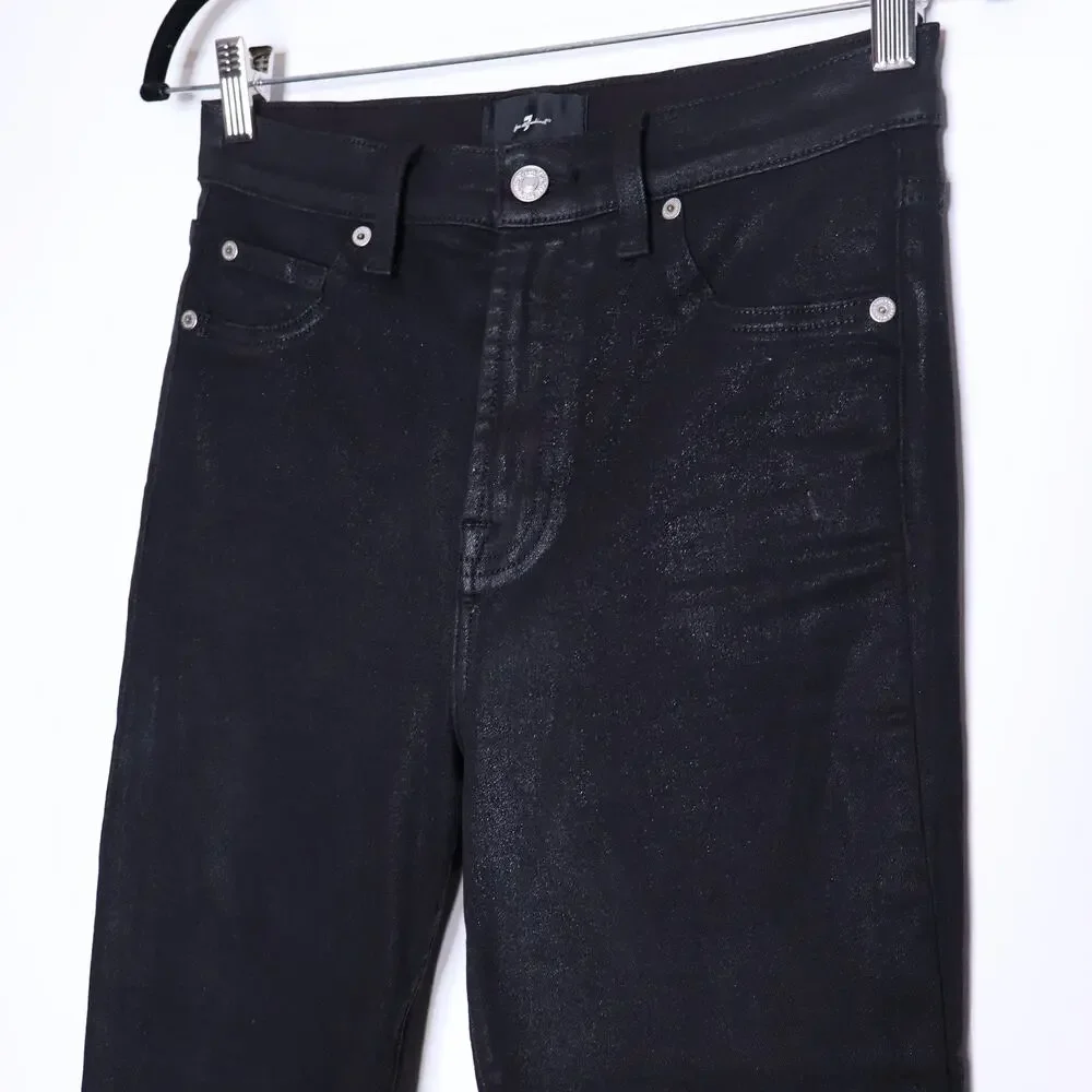 7 FOR ALL MANKIND Bootcut Coated Jean Black Stretch Sparkle 5-Pocket Women's 28 - Picture 3 of 10